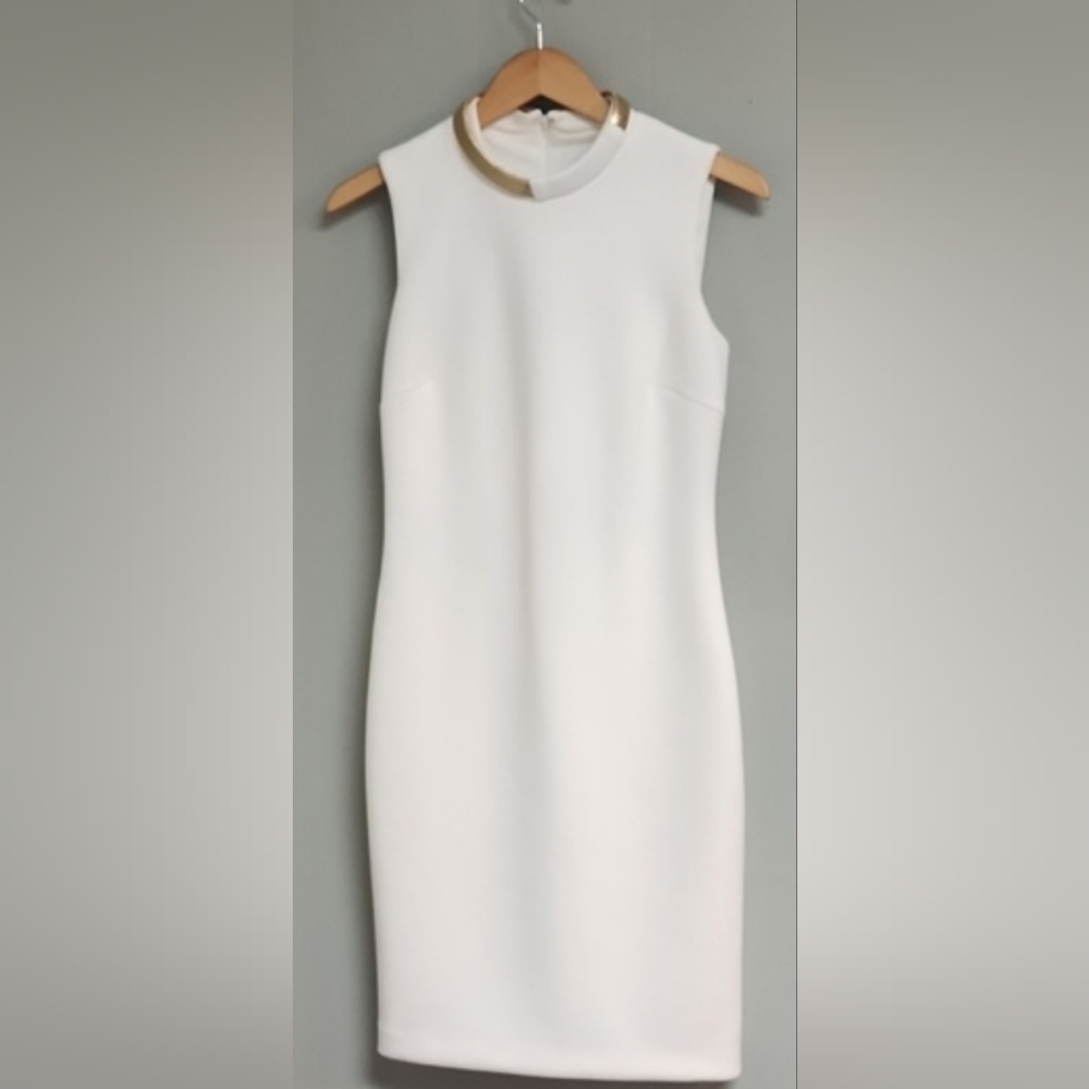 Calvin Klein White Bodycon Scuba Sleeveless Dress with Gold Chain Detail Size 6
